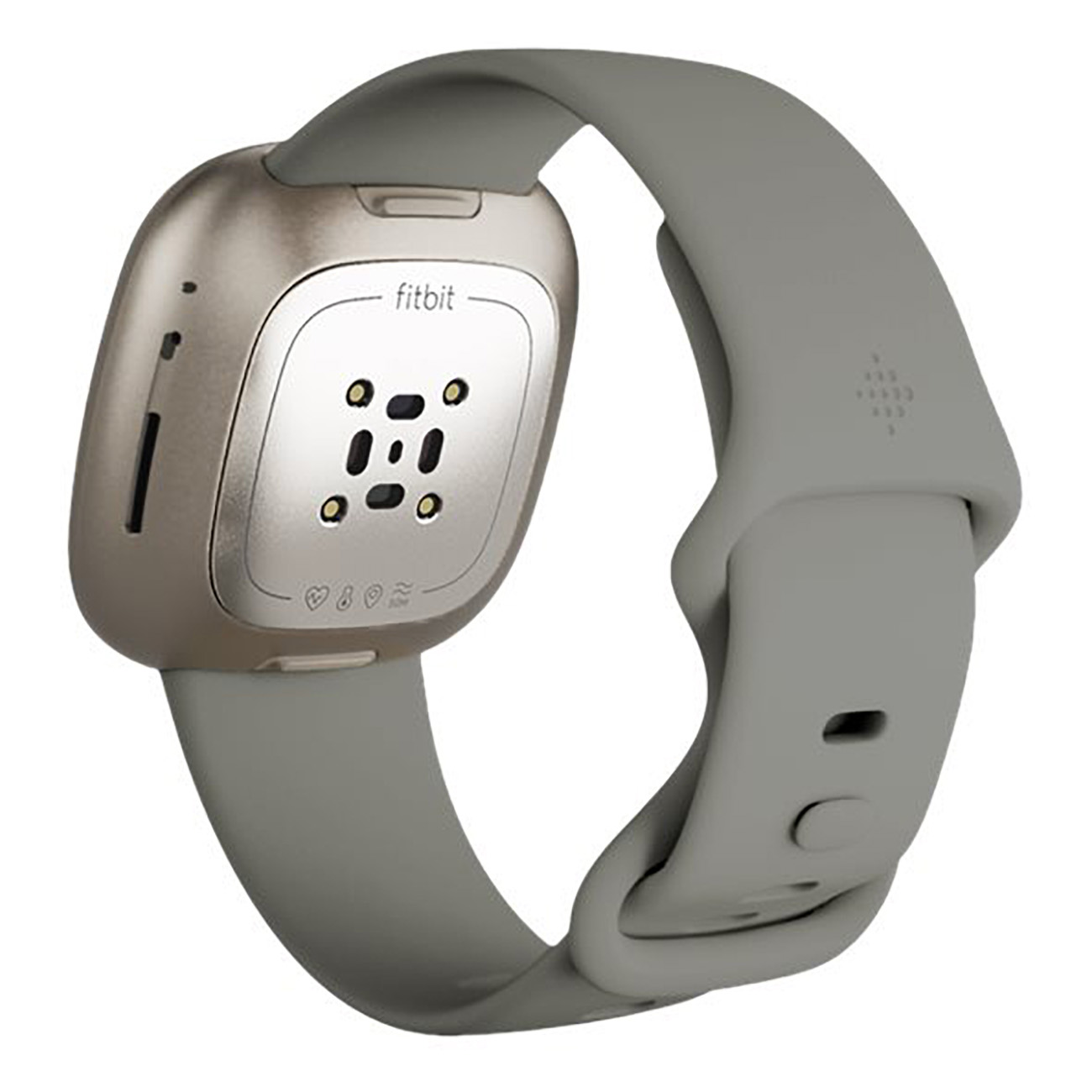 Graue Fitbit Smartwatch, mit der Rückseite der Uhr und einem grauen Armband.