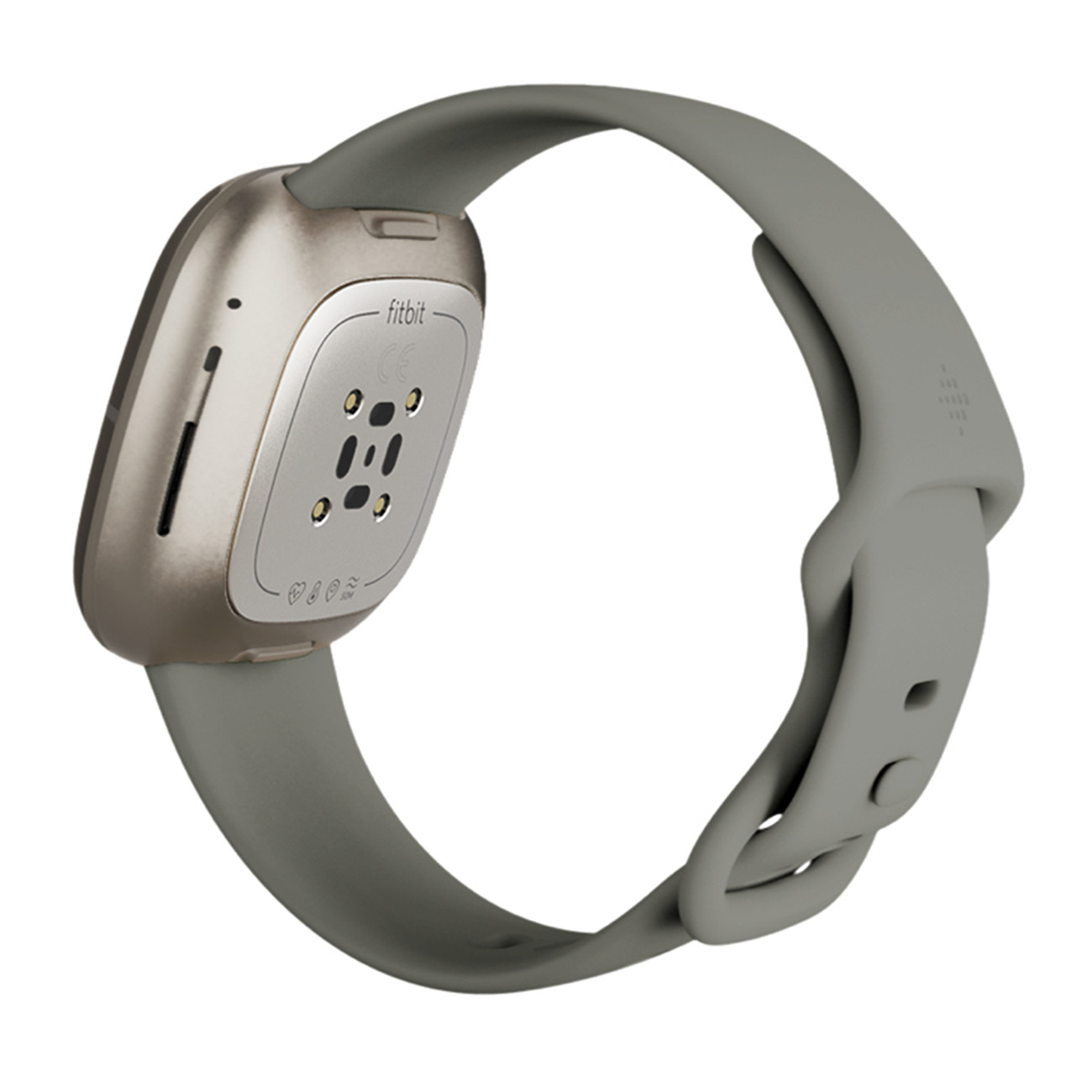 Eine silberne Fitbit Smartwatch mit grauem Armband, schräge Ansicht.
