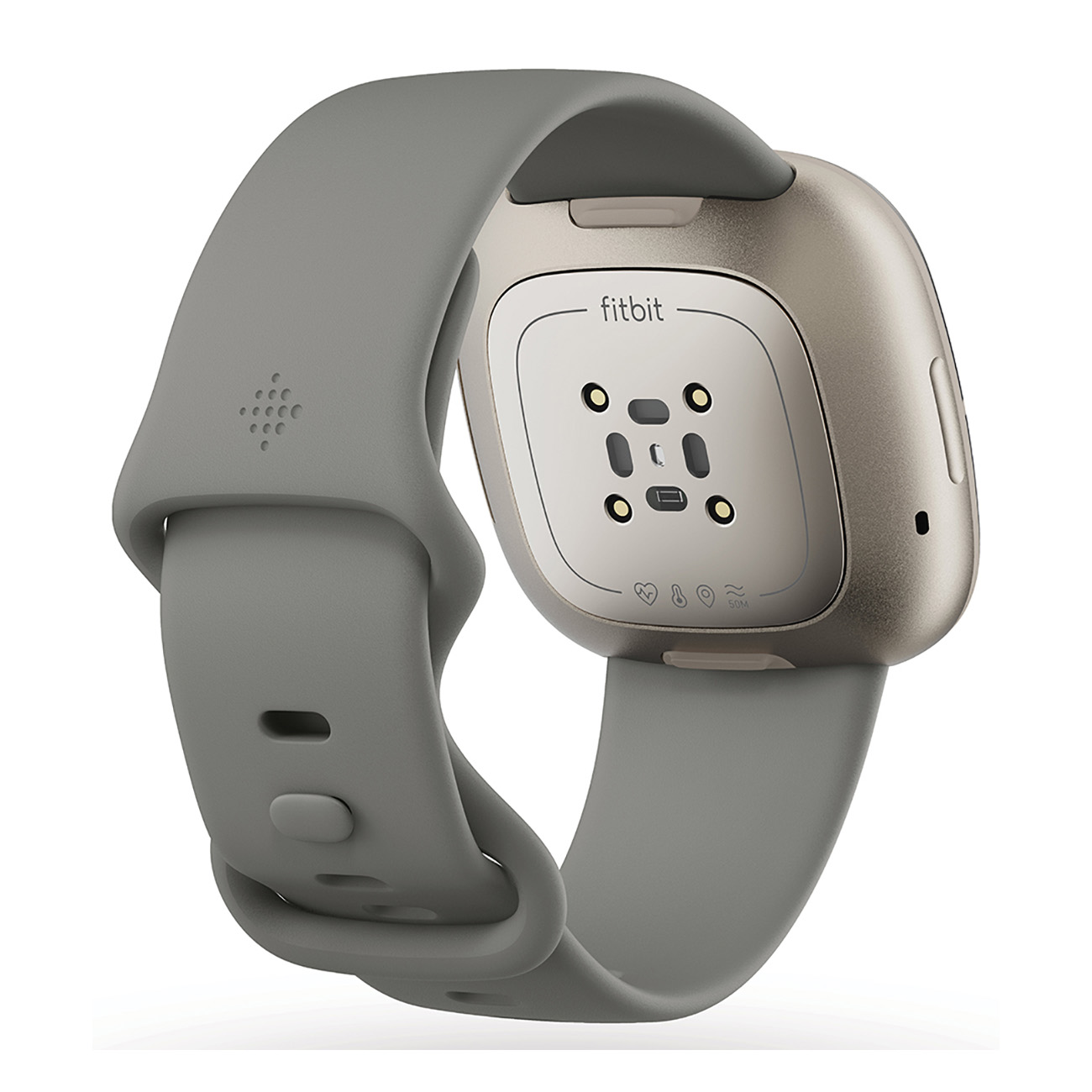 Graue Fitbit Smartwatch, Unterseite sichtbar, mit Armband. Herzfrequenzsensoren sichtbar.