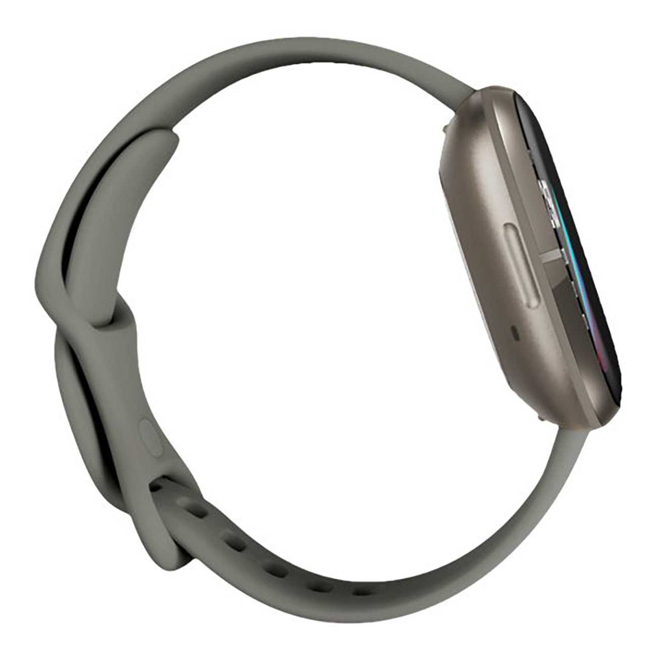 Graue Smartwatch mit grauem Armband, zeigt farbenfrohe Bildschirmanzeige.