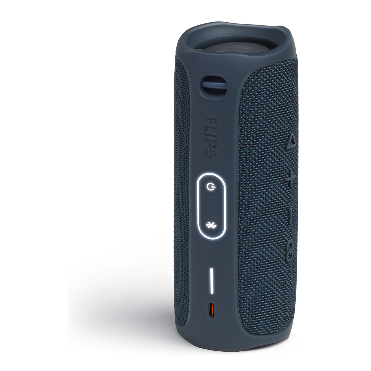 Niebieski i czarny głośnik JBL Flip 5. Posiada przycisk zasilania i wskaźnik Bluetooth.