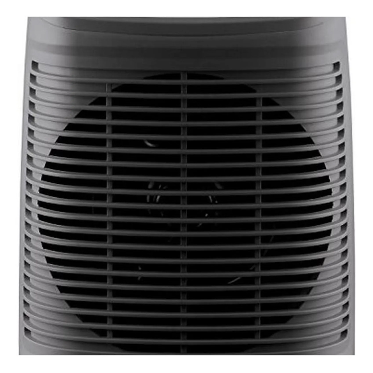 Zbliżenie szarego wentylatora z poziomymi listwami. Białe tło. Ciemne wnętrze.