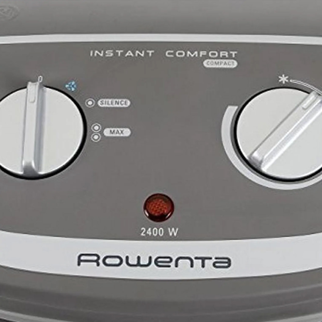 Zbliżenie szarego panelu sterowania z dwoma pokrętłami i czerwoną lampką. Na dole napis Rowenta.