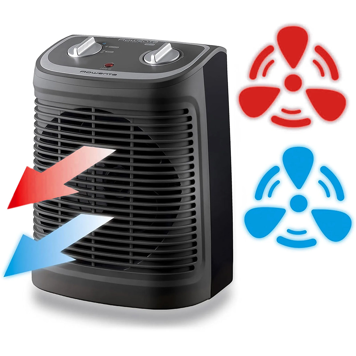 Czarny grzejnik z czerwonymi i niebieskimi strzałkami przepływu powietrza. Obok znajdują się dwie ikony wentylatora, czerwona i niebieska.