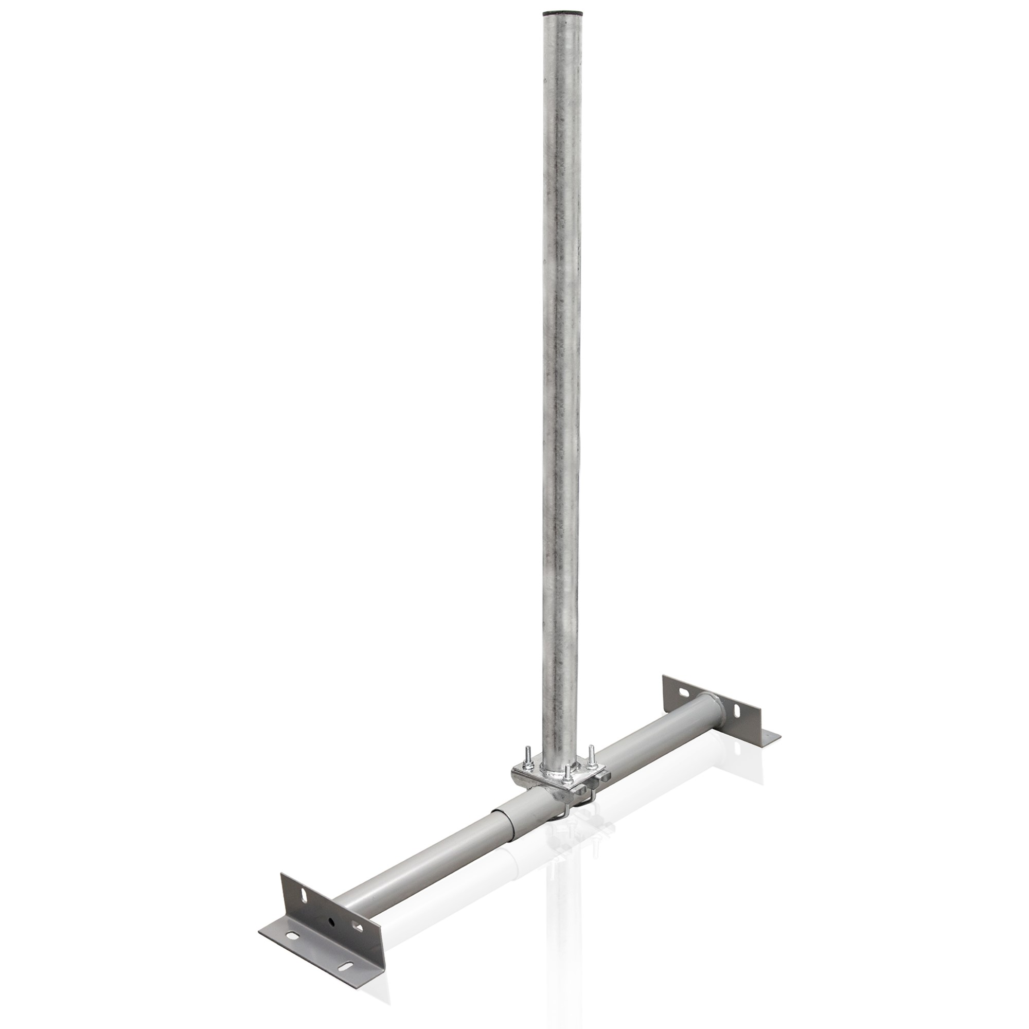 Silbernes Metallstangen-Montagesystem mit zwei Grundplatten und einer vertikalen Stange.