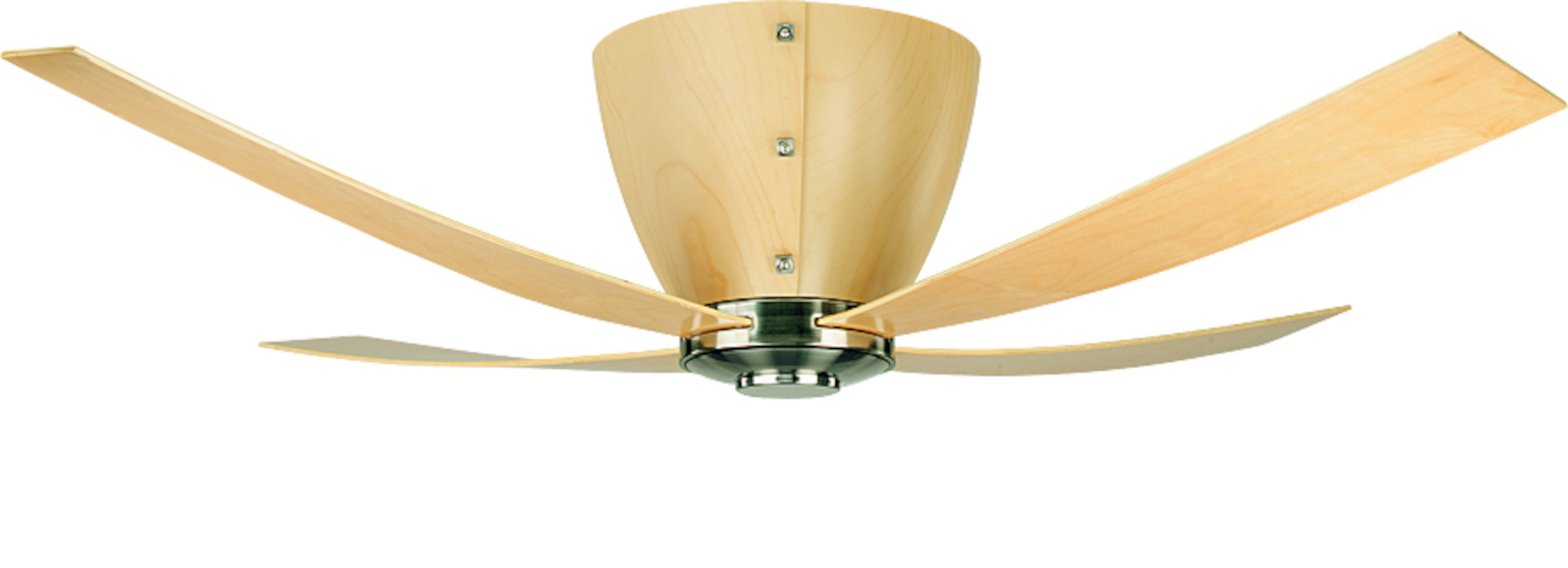 Ein moderner Deckenventilator mit fünf hellen Holzblättern und einem hellen Zentrum.