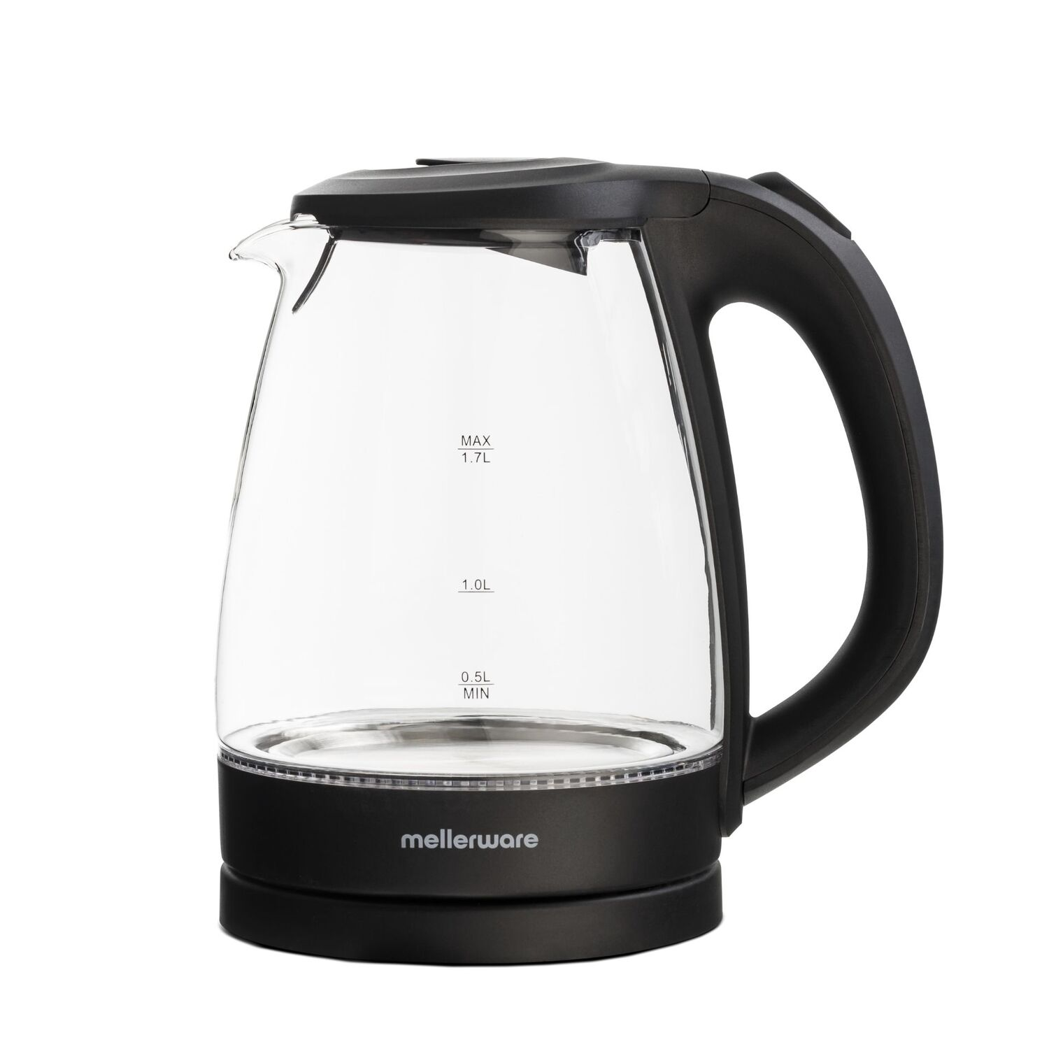 Hervidor eléctrico de vidrio negro y transparente. La tetera tiene un asa y una base negra.