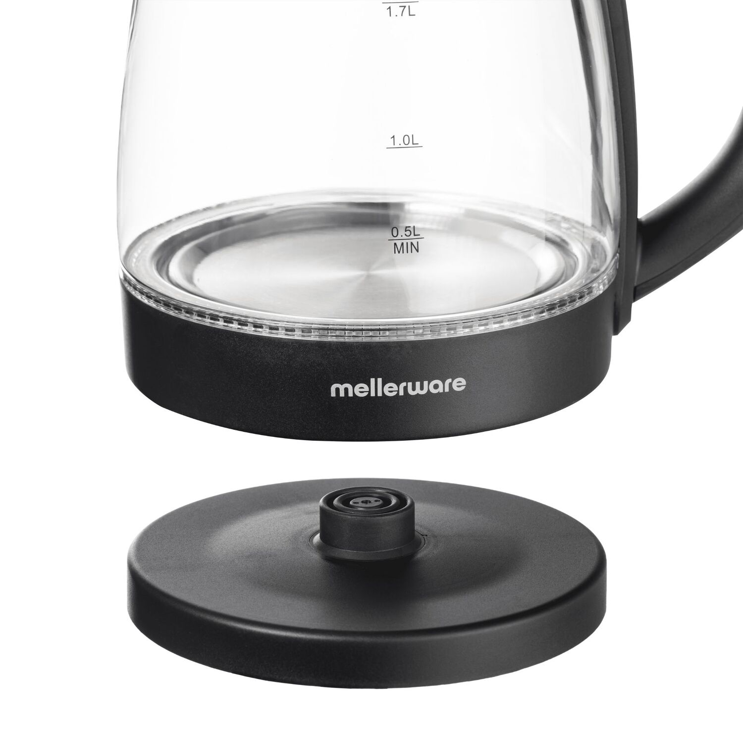 Una tetera eléctrica de vidrio negro y transparente con base negra, y la base quitada.