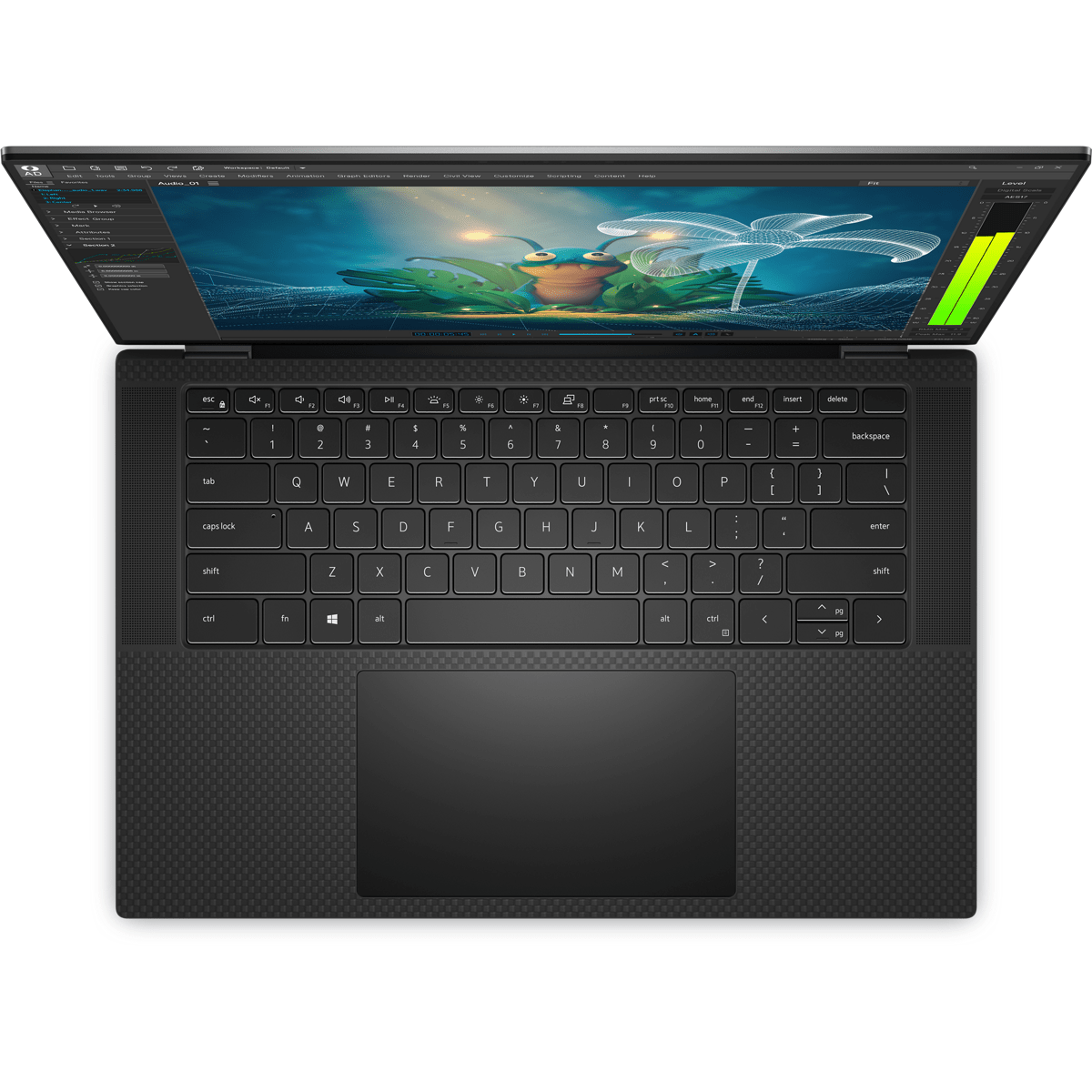 Laptop abierto, mostrando un programa de arte digital y una libélula.