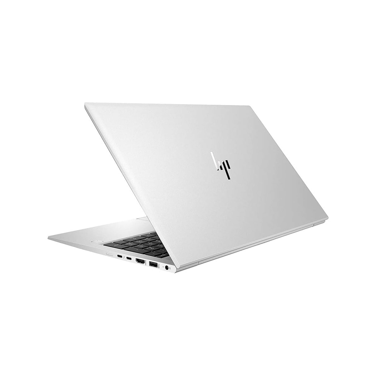 Portátil, cuerpo plateado, teclado negro, logo arriba, parcialmente abierto, fondo blanco.