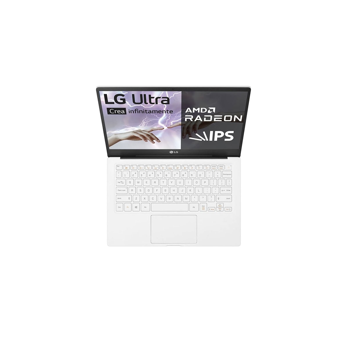 Portátil blanco abierto. El texto LG Ultra está en la pantalla. AMD Radeon IPS también es visible en la pantalla.