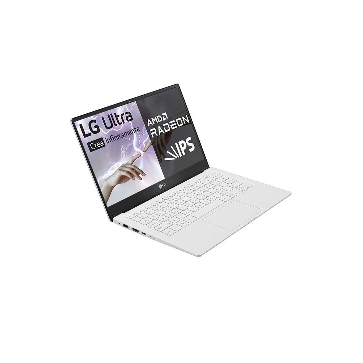 Portátil blanco con una pantalla brillante que muestra gráficos. El portátil está sobre una superficie blanca.