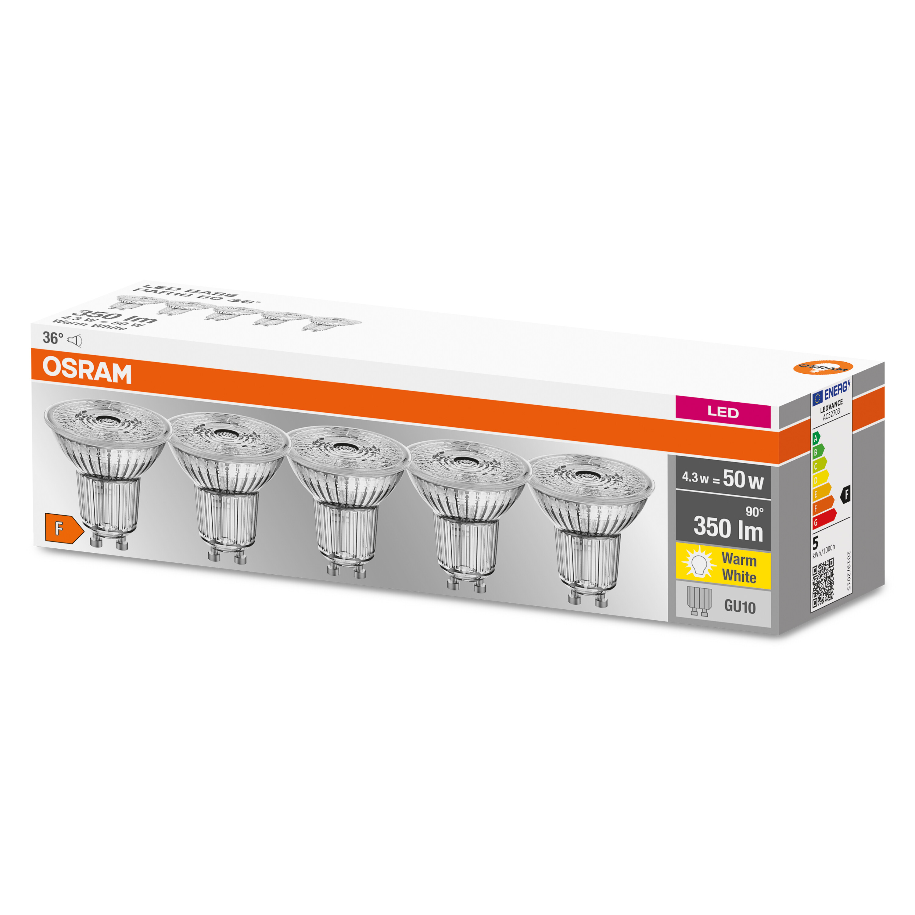Une boîte d'ampoules LED. L'étiquette indique 'Blanc chaud', 'GU10' et '50w'. La boîte est blanche et orange.