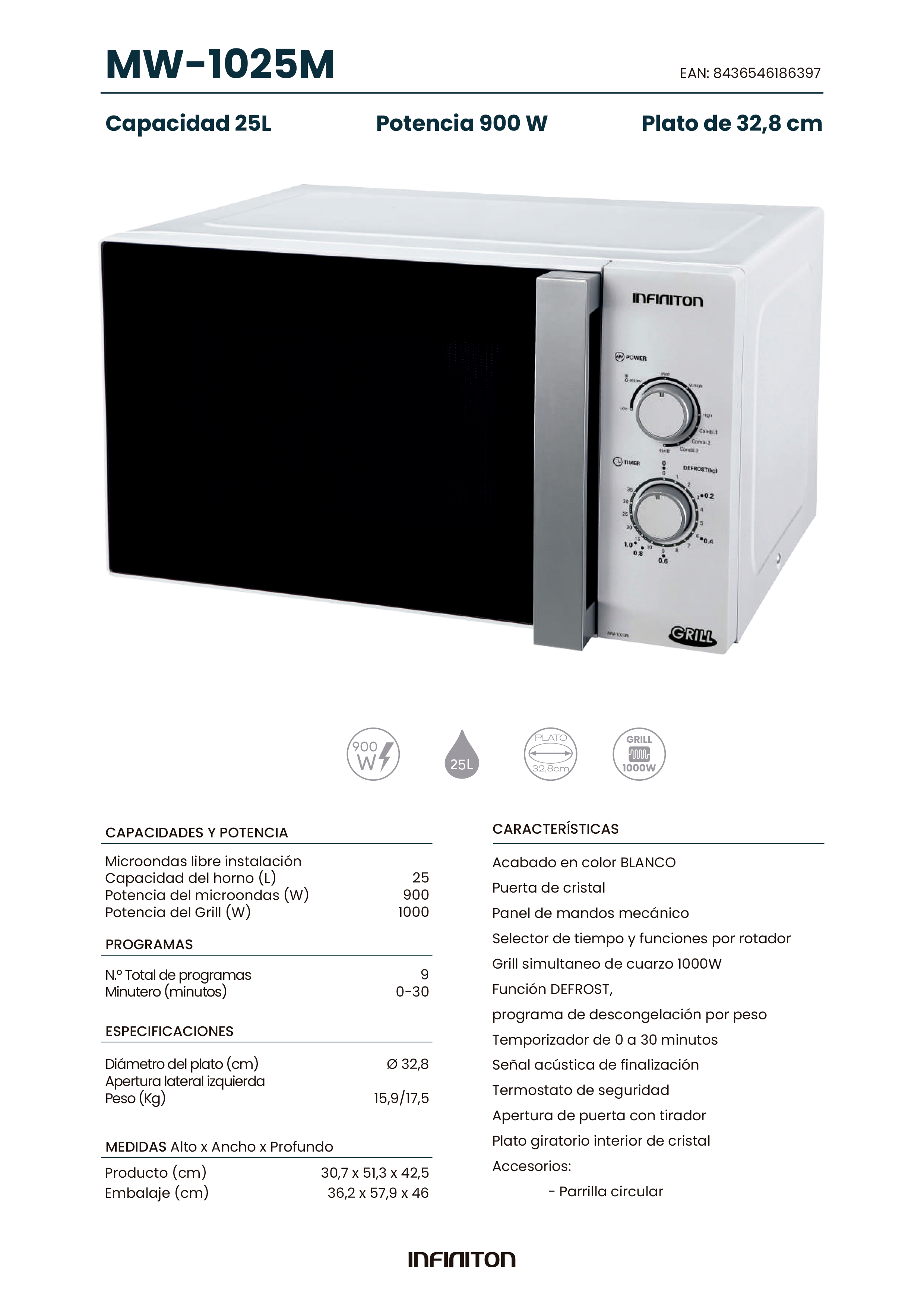 Microondas blanco con puerta negra y panel de control, con texto en español. Incluye texto e ilustraciones.