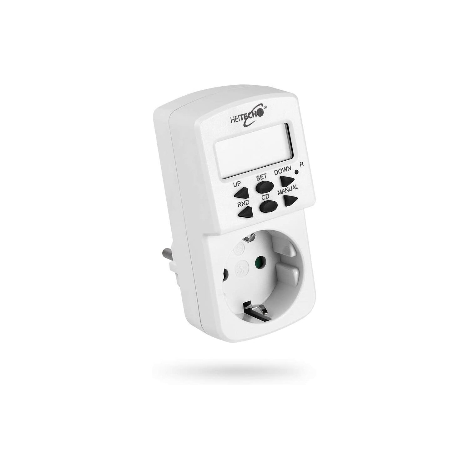 Weißer digitaler Energiezähler mit Knöpfen und Display. Schwebend auf weißer Oberfläche.