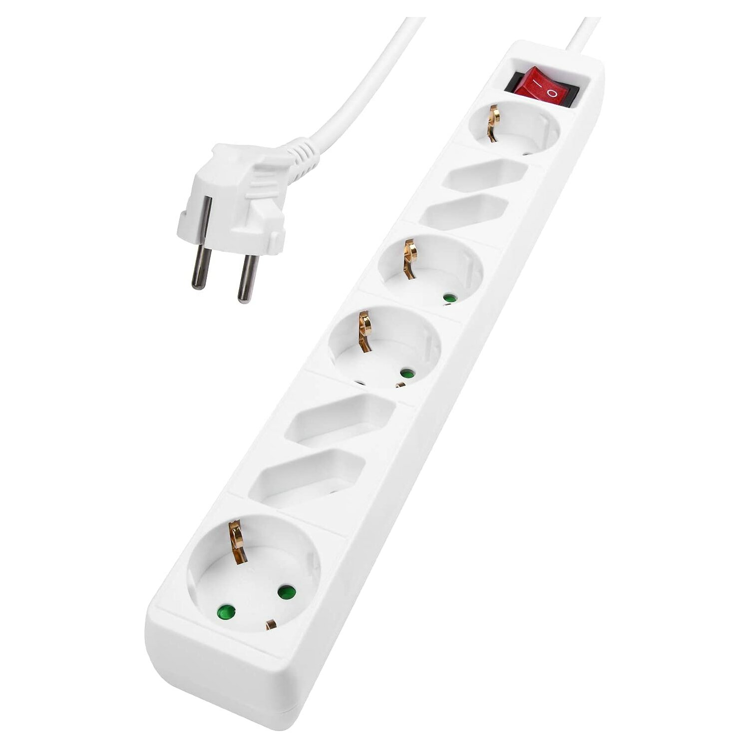 Eine weiße Steckdosenleiste mit fünf Steckdosen, einem Stecker und einem roten Schalter.