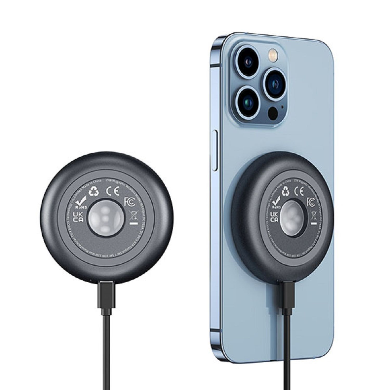Ein Telefon mit einer Ladescheibe. Beide sind dunkelgrau und über ein Kabel verbunden.