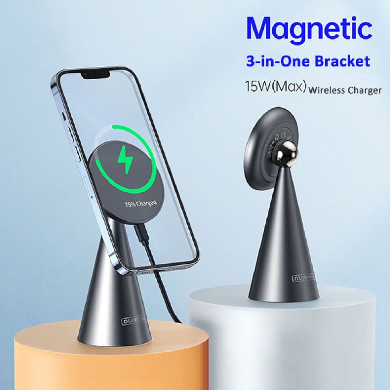 Telefon, der auf einem magnetischen Ständer geladen wird. Der Ständer hat die Form eines Kegels und ist schwarz.