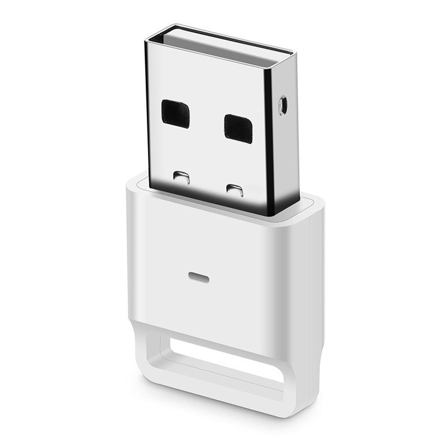 Ein weißer USB-Adapter. Er hat einen USB-Anschluss und einen weißen quadratischen Körper mit einem Loch unten.