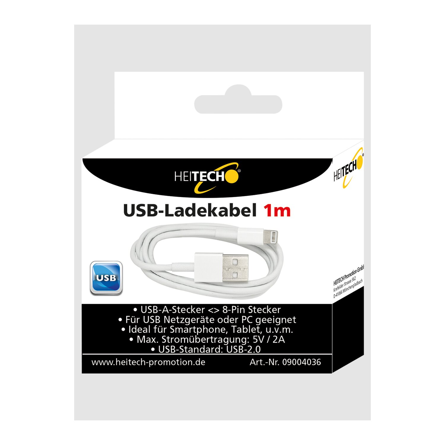 Box mit weißem USB-Ladekabel. Text auf Deutsch. Weißer Hintergrund.