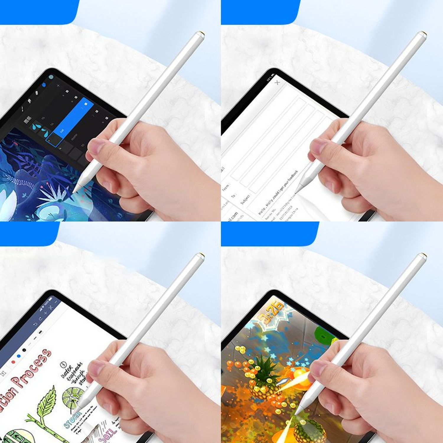 Vier Bilder einer Hand, die einen weißen Stift auf Tablets verwendet, die verschiedene App-Bildschirme anzeigen.