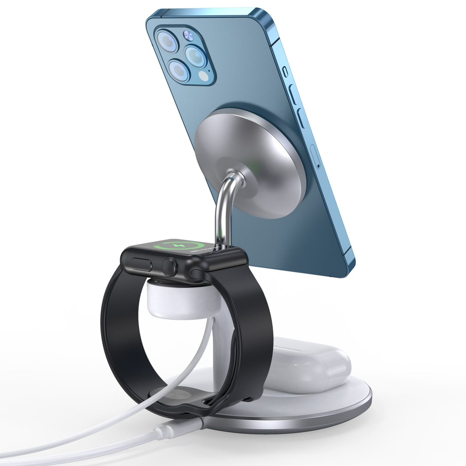 Ladestation mit Telefon und Apple Watch. Das Telefon ist blau, die Uhr ist schwarz, weiße Basis.