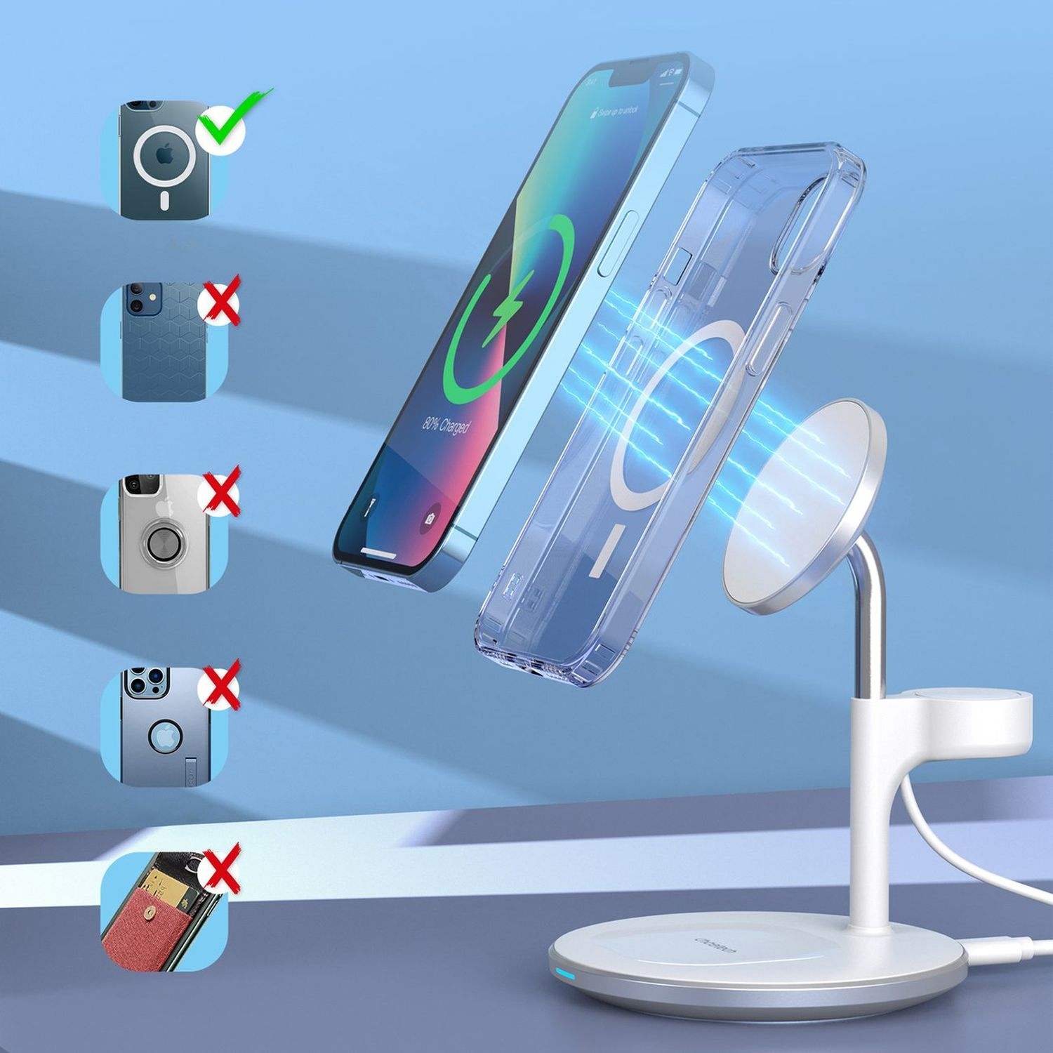 Telefonladestation mit Telefon und Hülle. Andere Hüllen werden abgelehnt. Blauer Hintergrund.