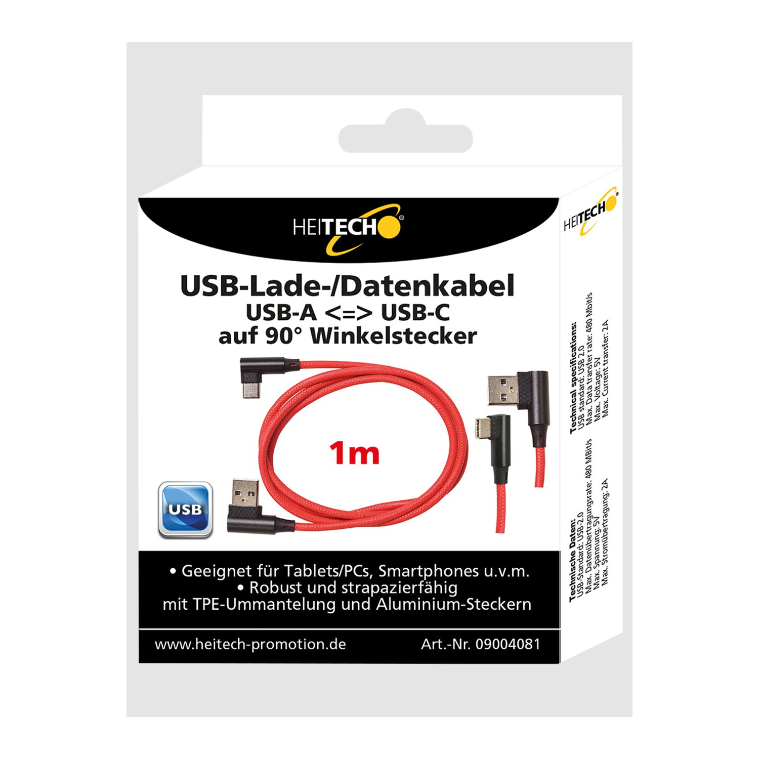 90 Winkel Kabel Nylon abgewinkelt für Ladekabel, Typ-C Grad Smartphones rot, HEITECH Rot USB-C