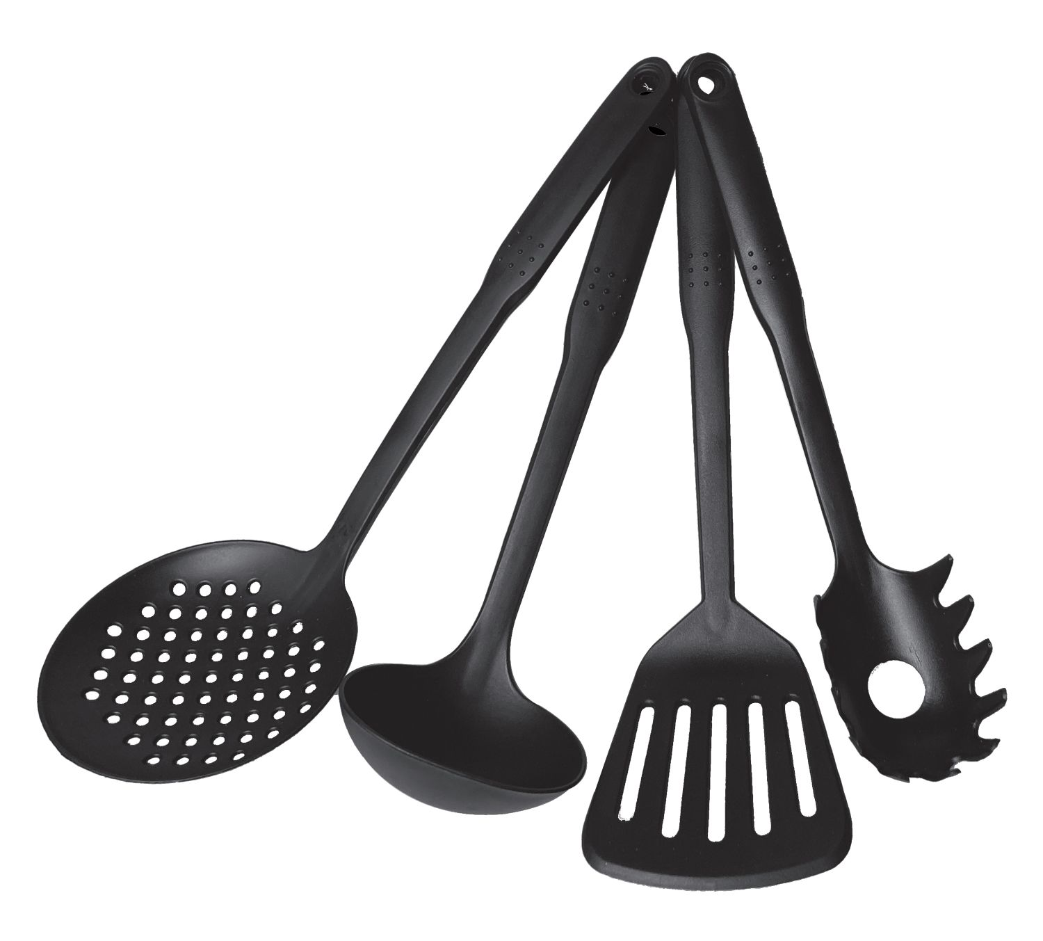 Vier schwarze Küchenutensilien sind auf einer weißen Oberfläche angeordnet. Dazu gehören ein Schöpflöffel, eine Kelle, ein Spatel und eine Spaghettigabel.