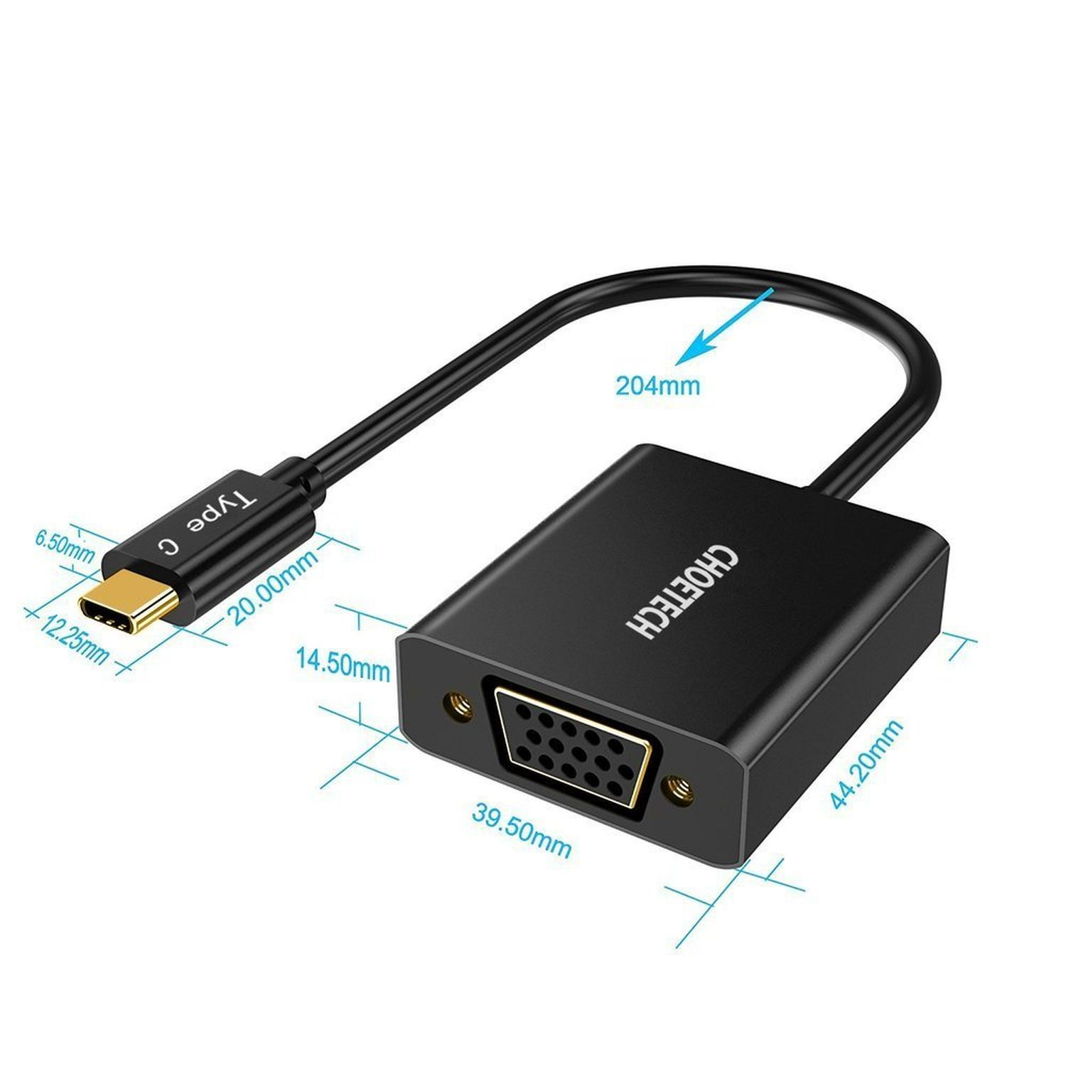 Schwarzer CHOETECH Typ-C-Adapter. Zeigt Abmessungen und Anschlüsse. Weißer Hintergrund.