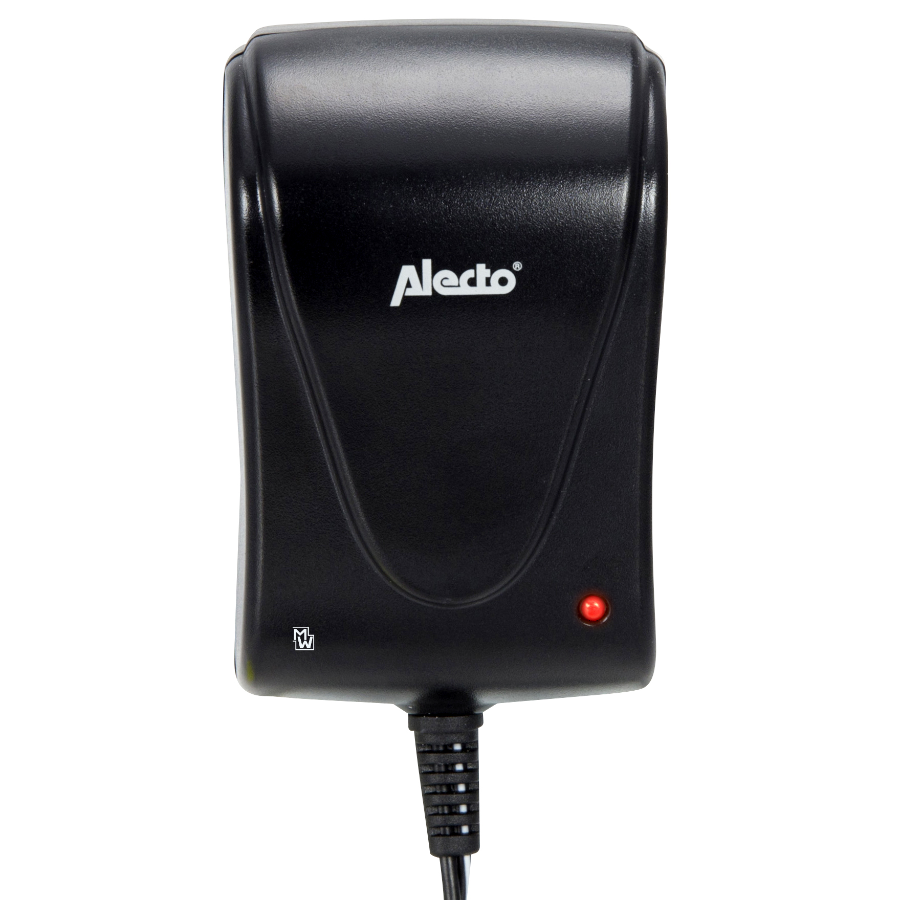 Schwarzes Alecto Babyphone-Ladegerät. Rote Kontrollleuchte. Weißer Hintergrund.