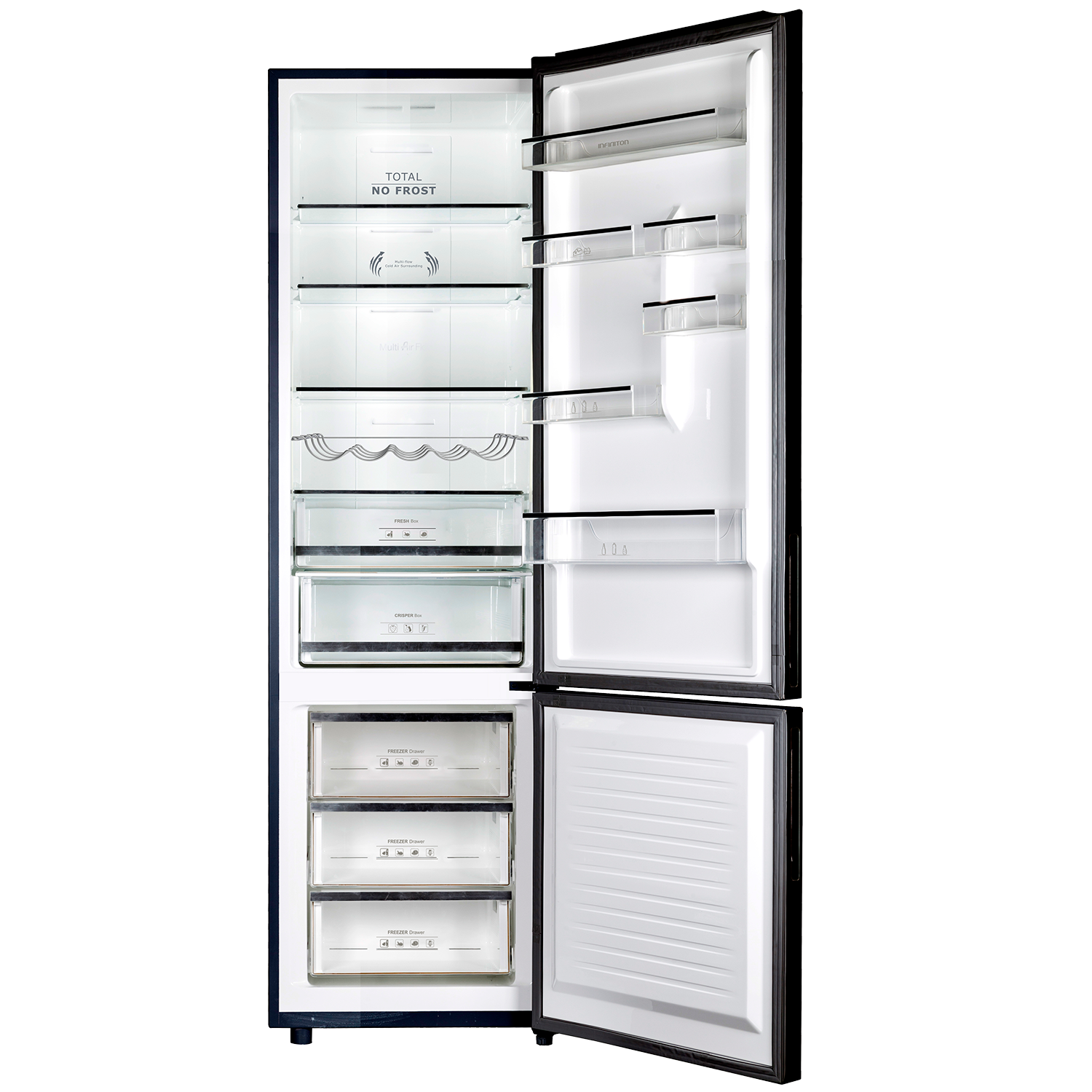 Refrigerador abierto con la puerta abierta. Es negro con interior blanco.