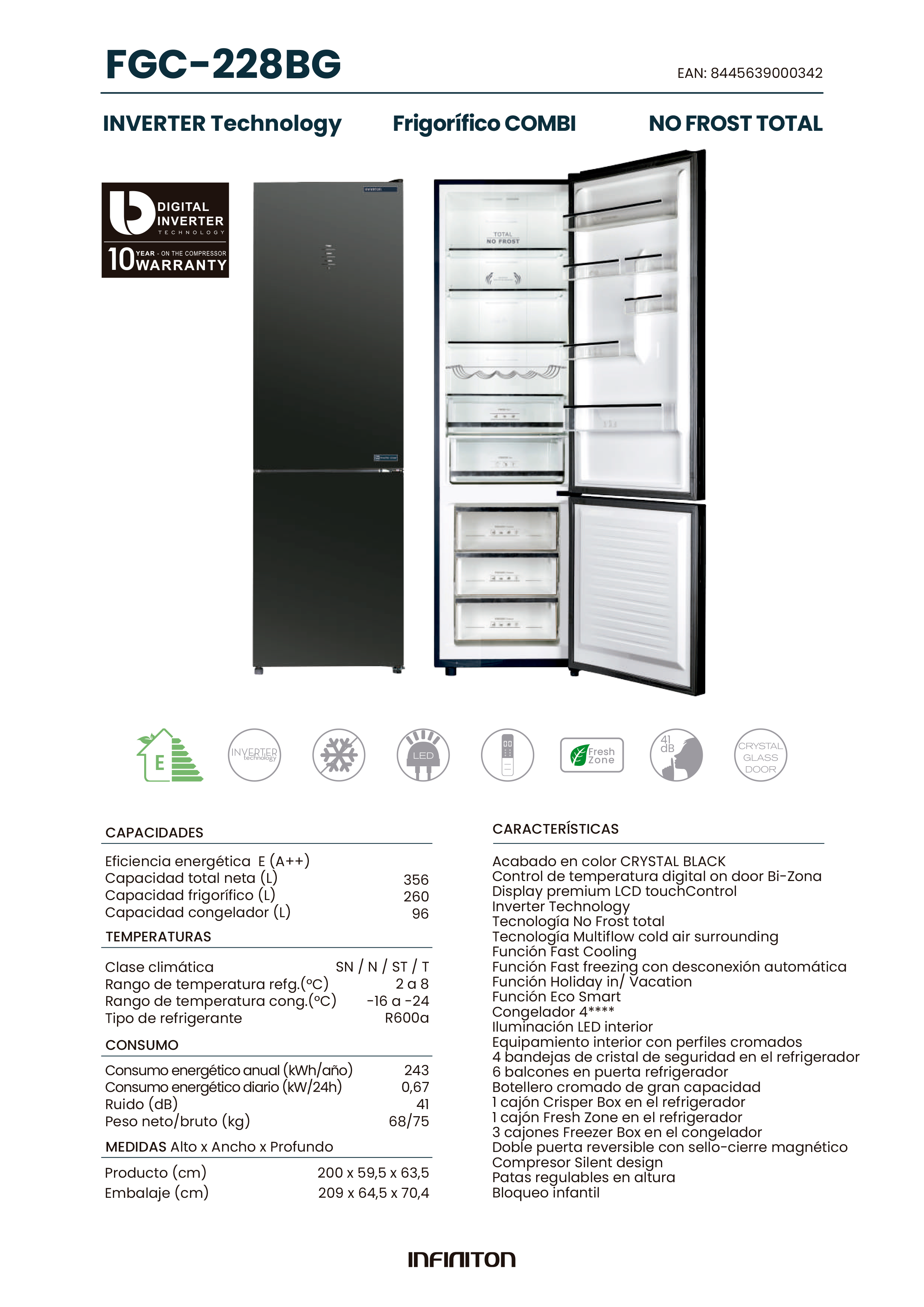 Refrigerador negro con dos puertas y dos cajones. Texto en español. Puerta abierta muestra estantes y cajones.
