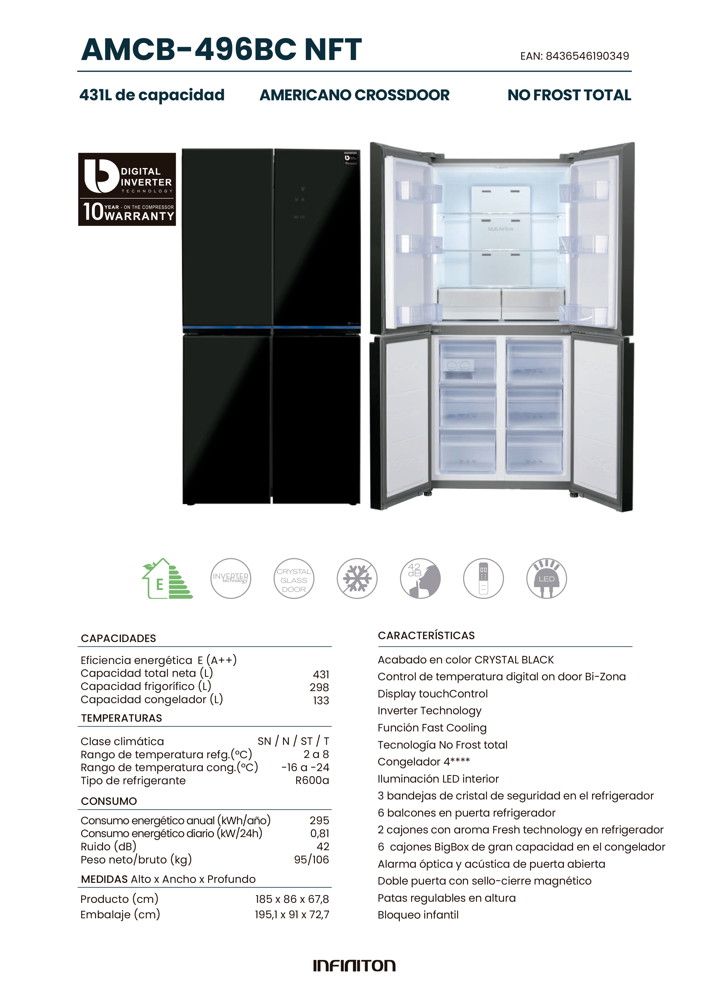 Un refrigerador negro con cuatro puertas, con una hoja de especificaciones del producto con texto y diagramas.