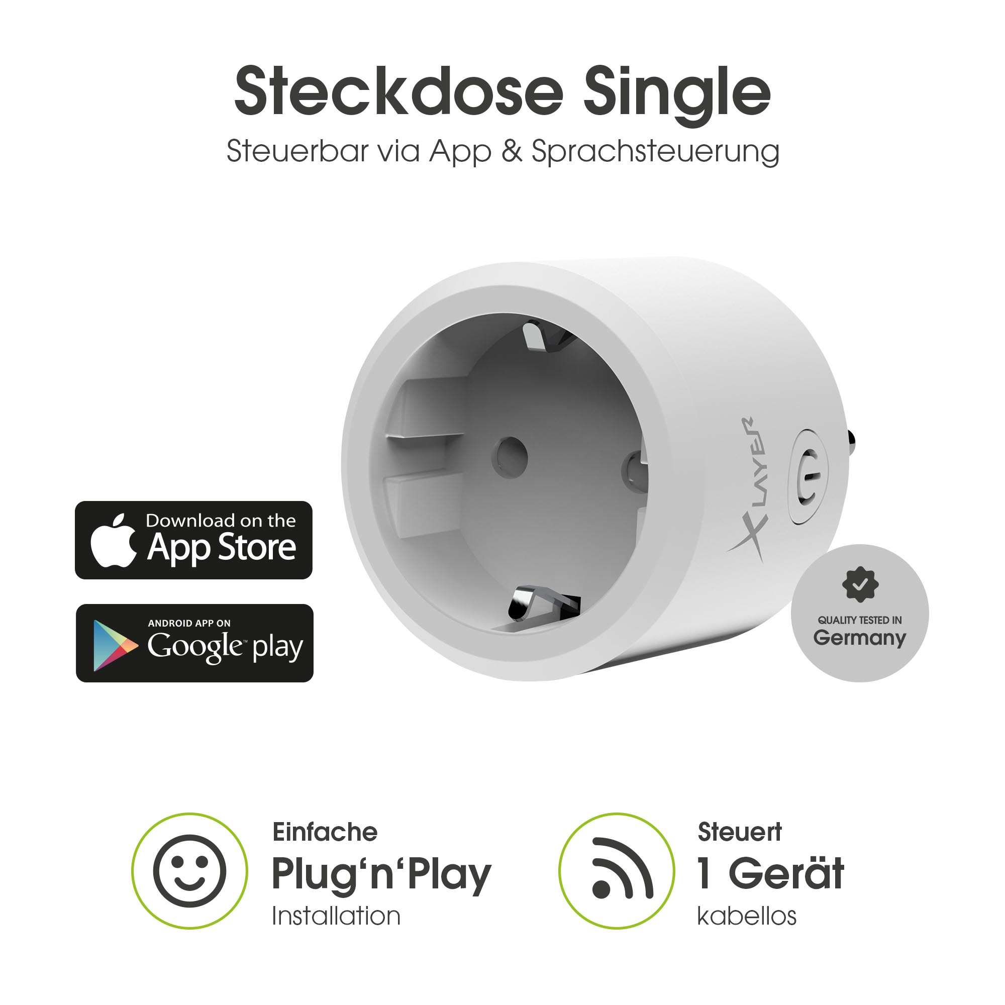 Weißer Smart-Stecker mit Steckdose. Text enthält 'App Store', 'Google Play' und 'Quality Tested in Germany'.