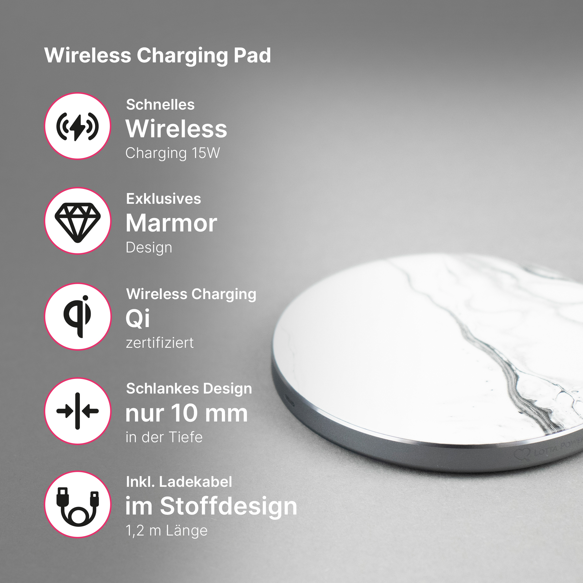 Ein kabelloses Ladepad mit weißem Marmordesign. Text beschreibt Funktionen wie kabelloses Laden, Marmordesign und Kabel.