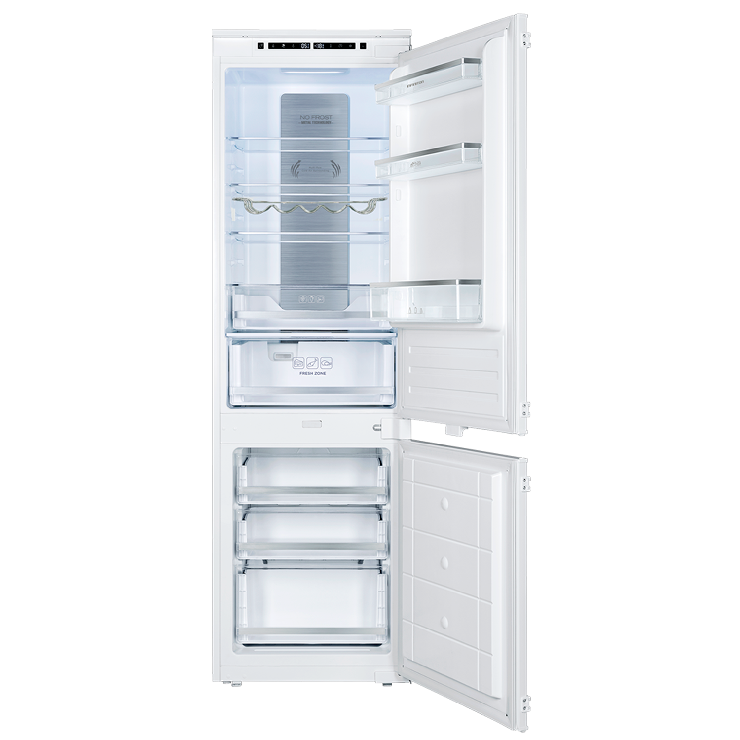 Refrigerador abierto con interior blanco. Cajones y estantes visibles. Hay un letrero de 'NO FROST'.