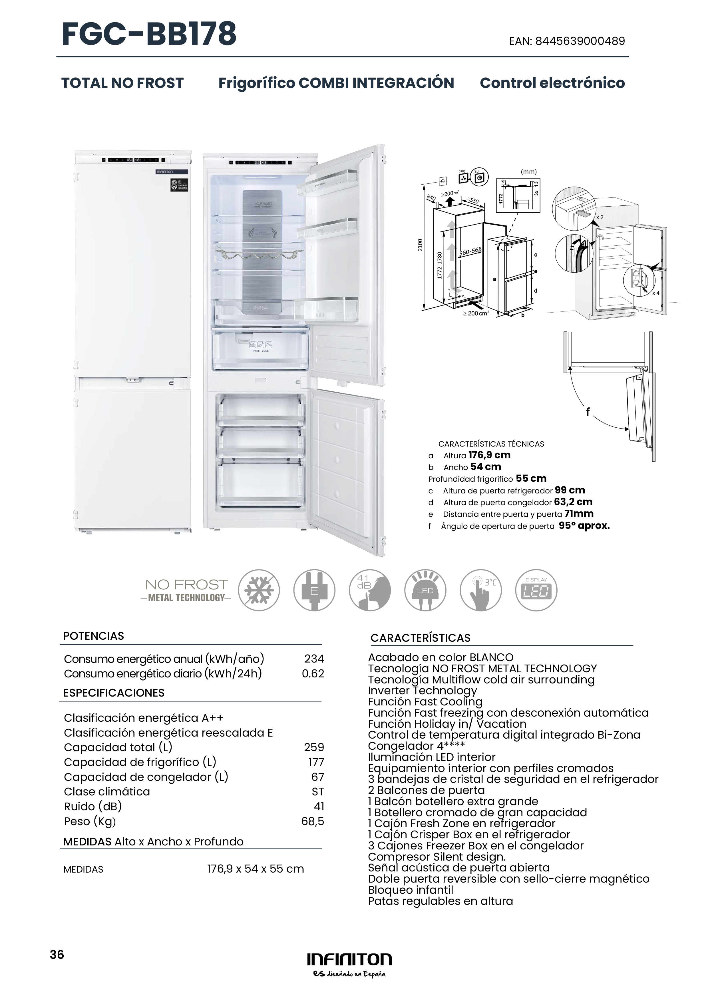 Diagrama de un refrigerador blanco con detalles internos y una sección de texto en español.