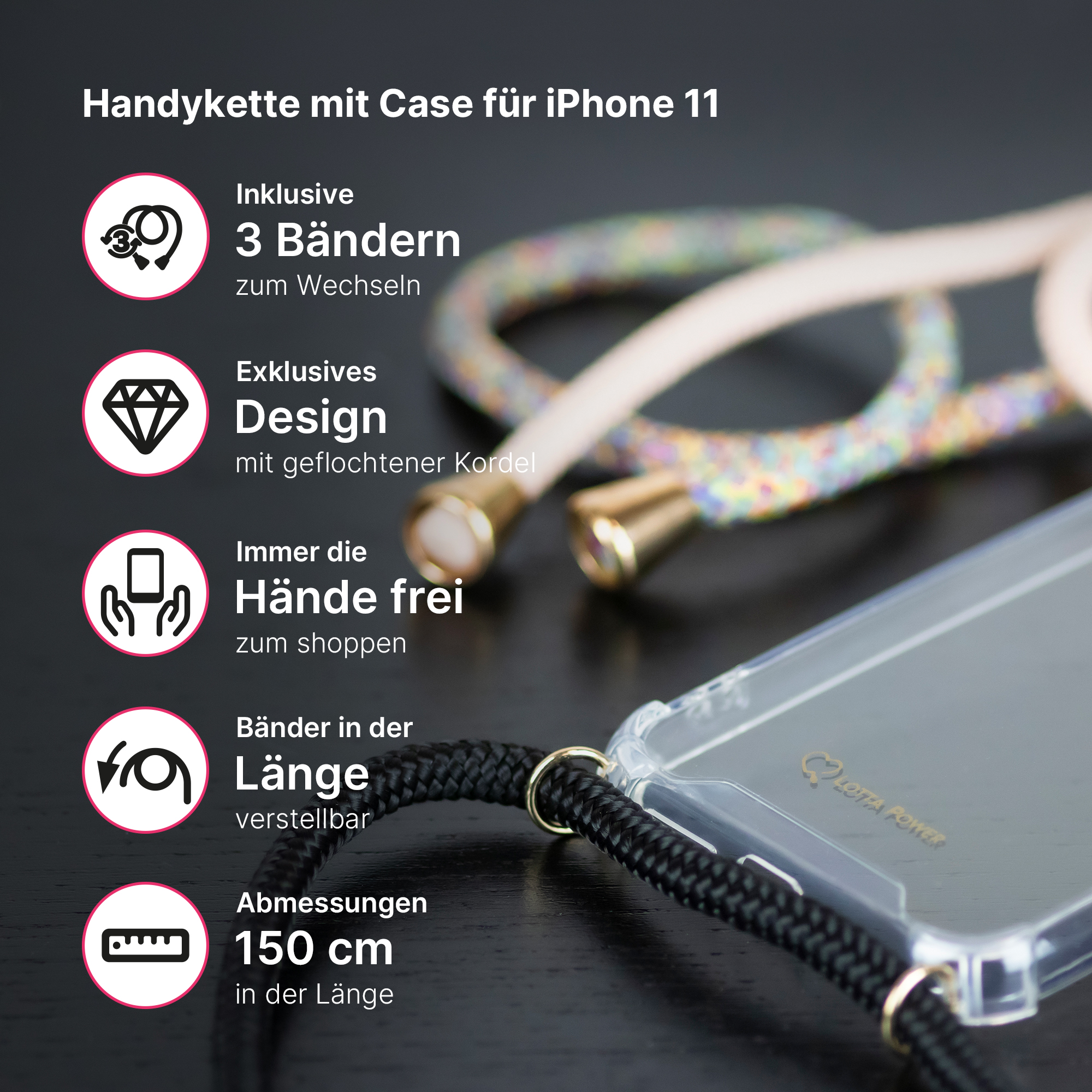 Eine Handyhülle mit Lanyard. Grafiken und Text mit Pfeilen, die die Funktionen des Gehäuses veranschaulichen.