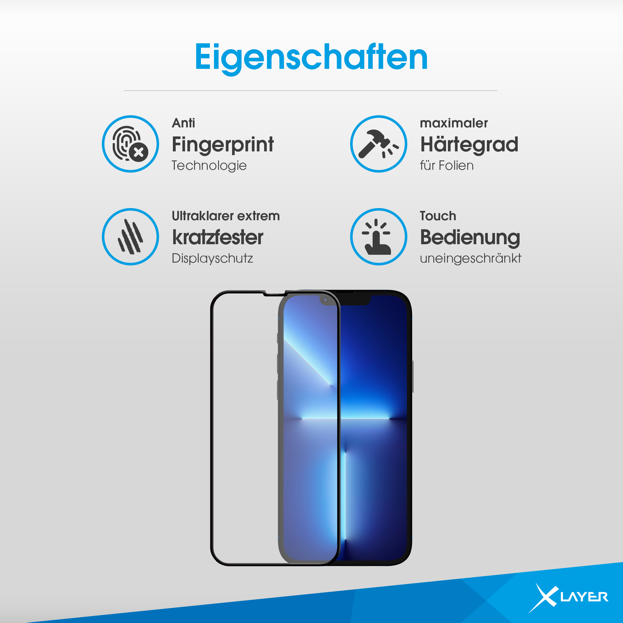 Bild zeigt ein Telefon mit Displayschutzfolie und Symbolen. Der Text beschreibt Fingerabdruck- und Kratzfestigkeit.
