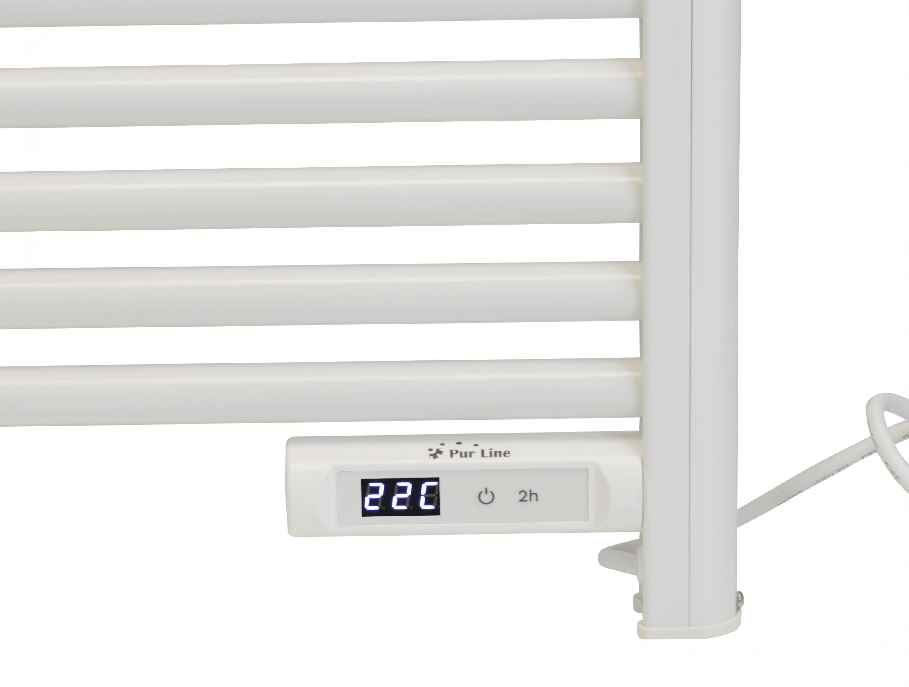 Un toallero eléctrico blanco que muestra la temperatura 220 y un botón de encendido con 2h.