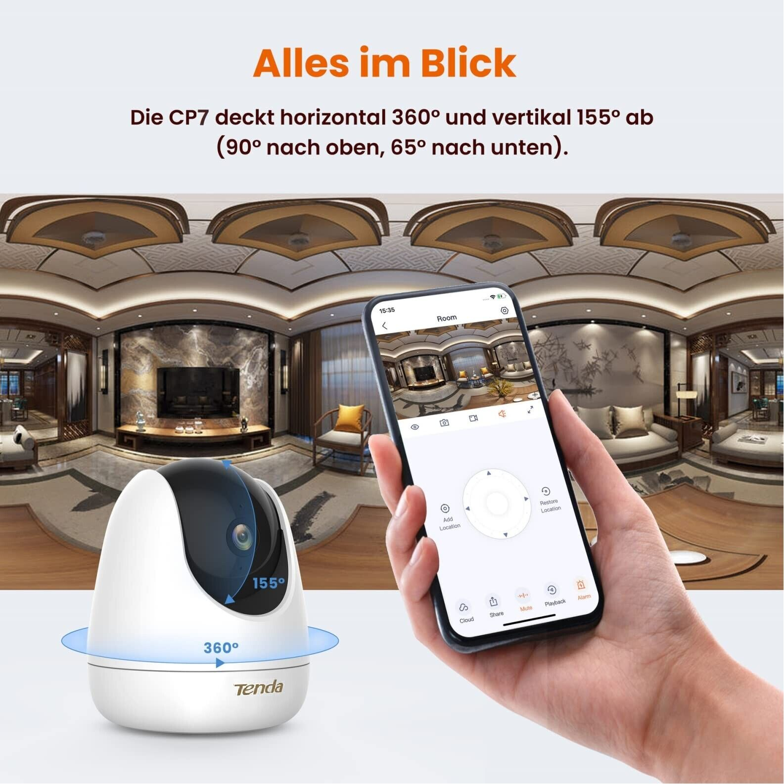 Biało-czarna kamera bezpieczeństwa i ekran telefonu wyświetlający widok pokoju z tekstem.