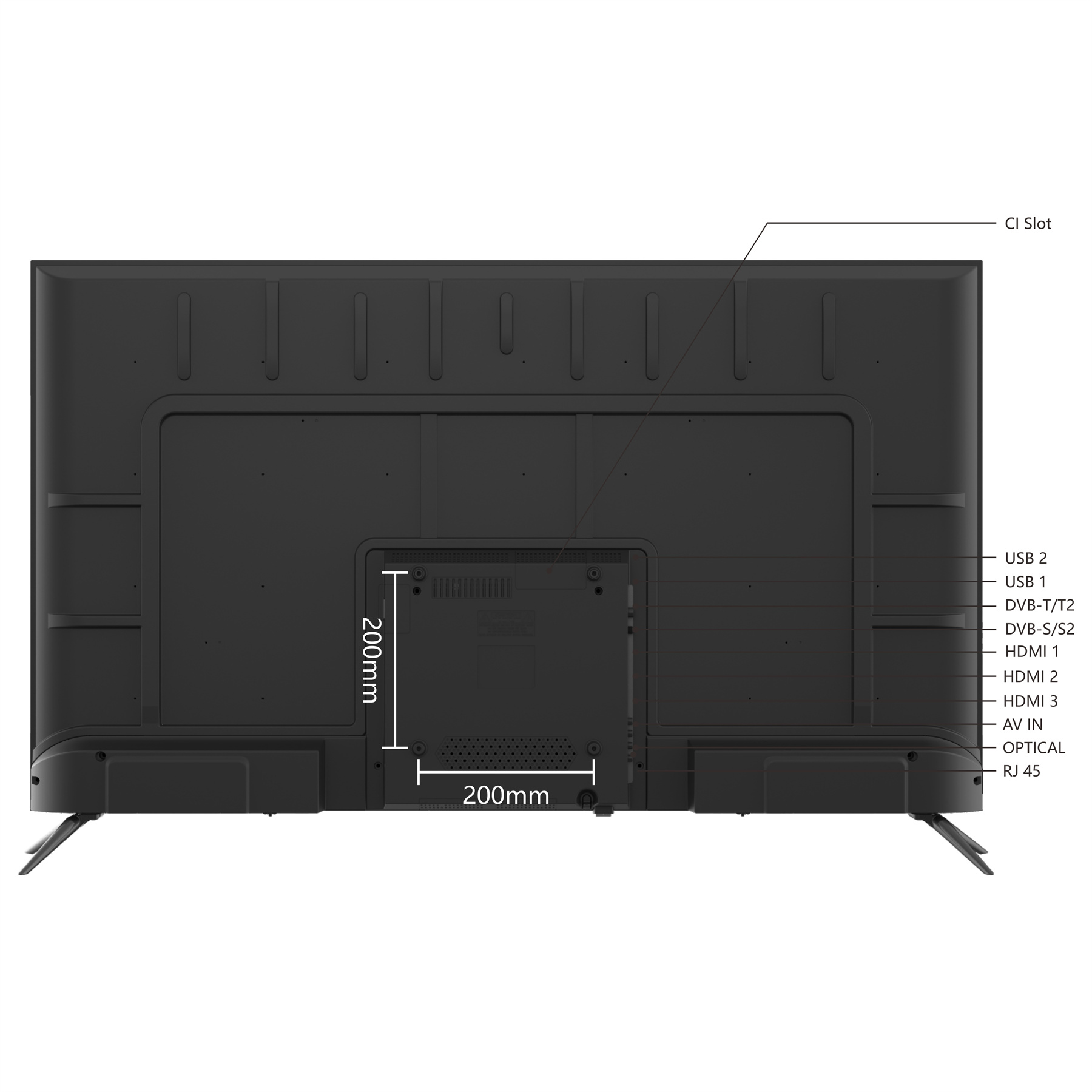 Tył czarnego telewizora. Zawiera porty, wymiary i etykiety połączeń.