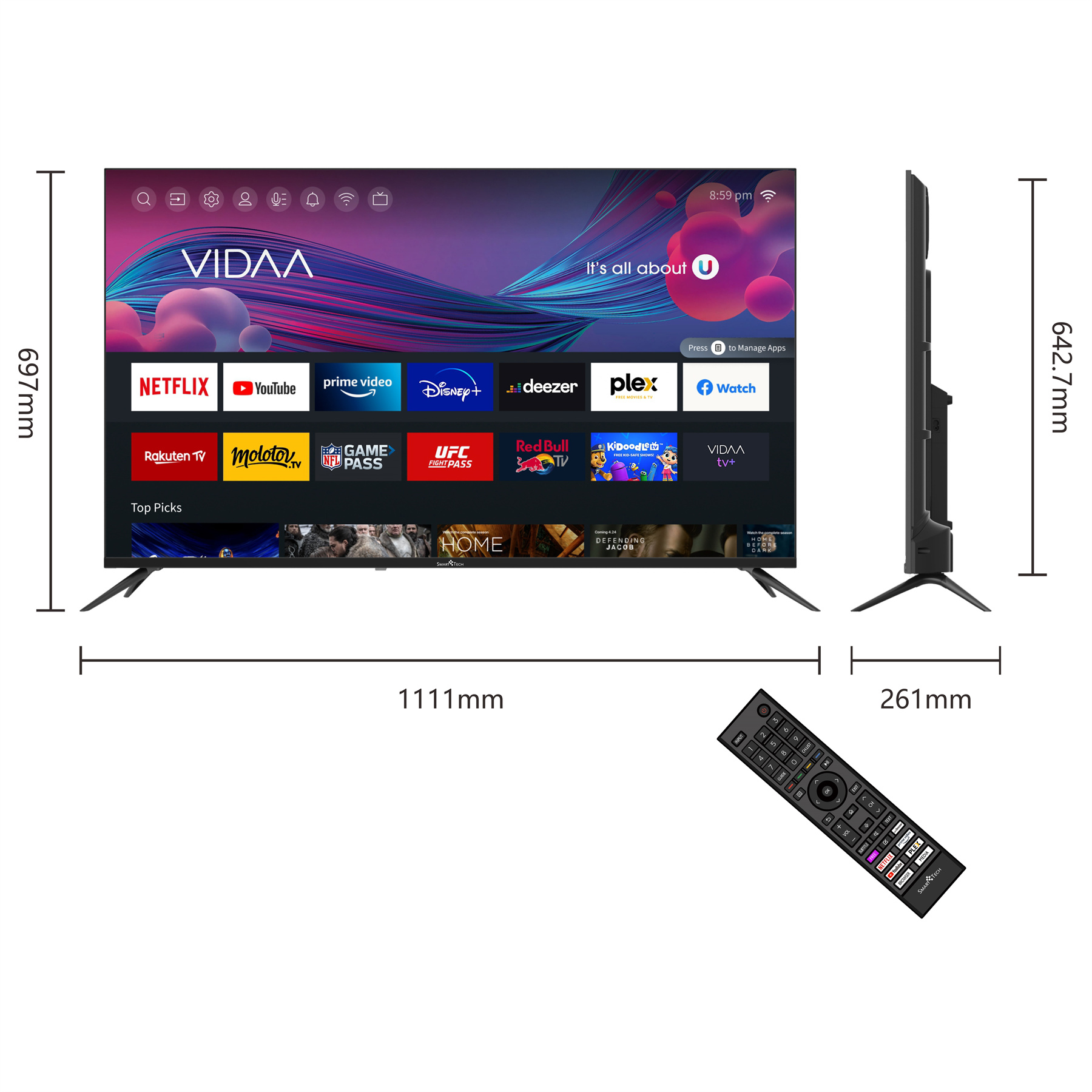 Duży telewizor wyświetlający aplikacje z pilotem. Pokazano również wymiary.