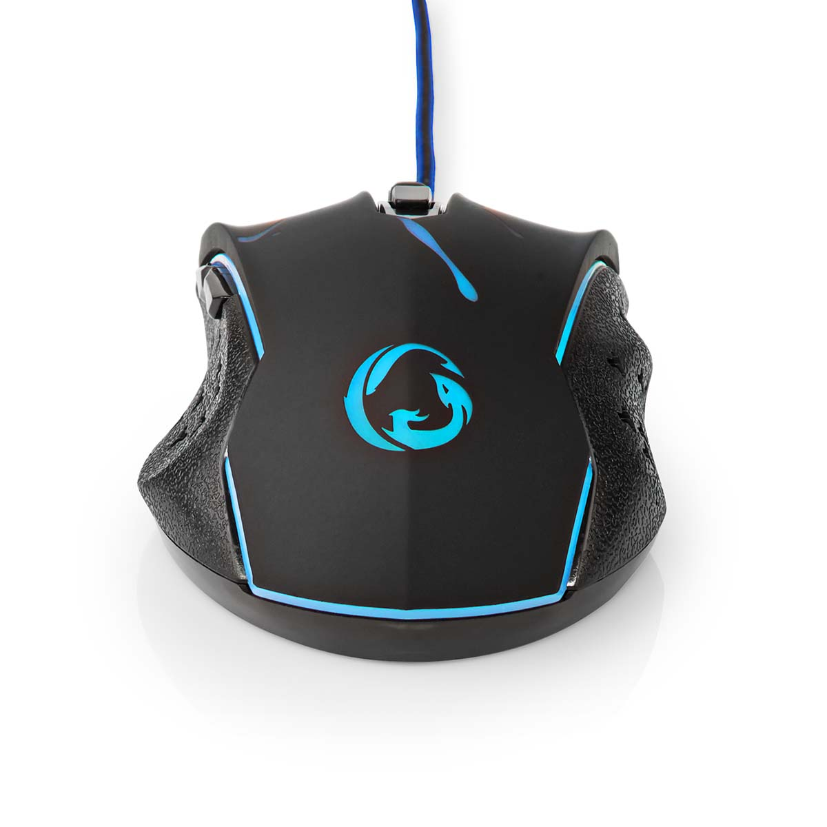 Schwarze Gaming-Maus mit blauen Akzenten und Logo, verbunden mit einem blauen Kabel auf weißem Hintergrund.