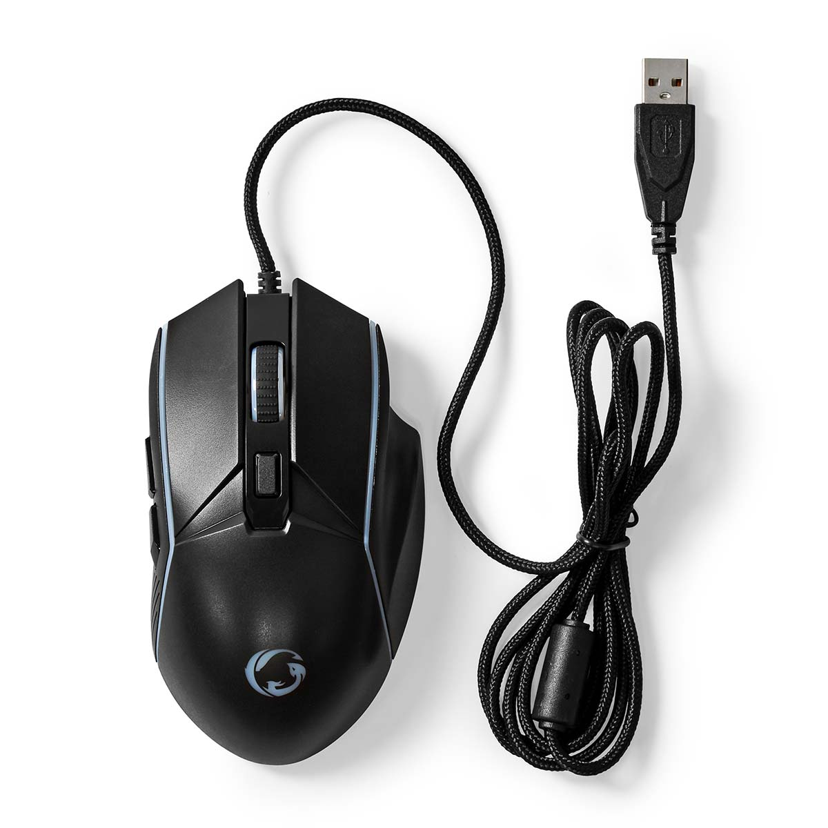 Un ratón para juegos negro con cable. Tiene un diseño elegante con luces y botones adicionales.