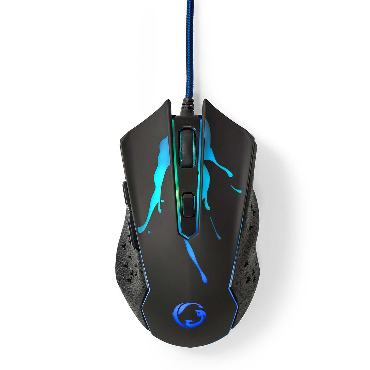 Schwarze Gaming-Maus mit blauem und grünem Spritzdesign und blauem geflochtenem Kabel.