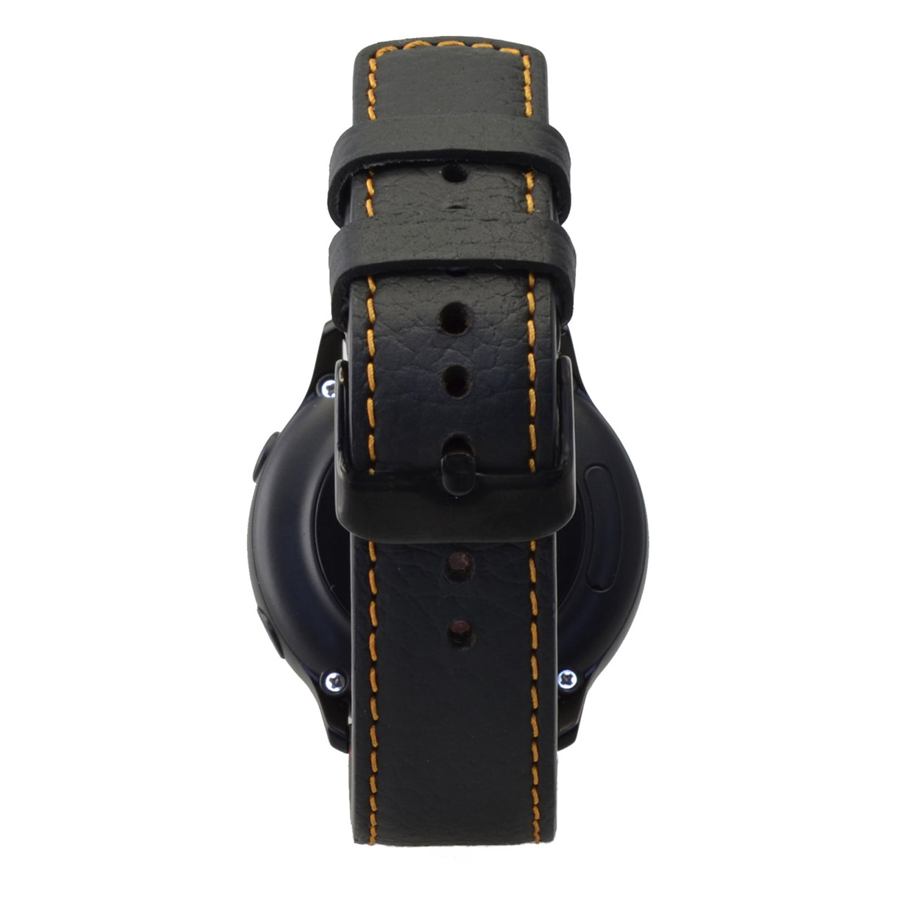 Eine schwarze Uhr mit einem schwarzen Lederarmband mit gelben Nähten.
