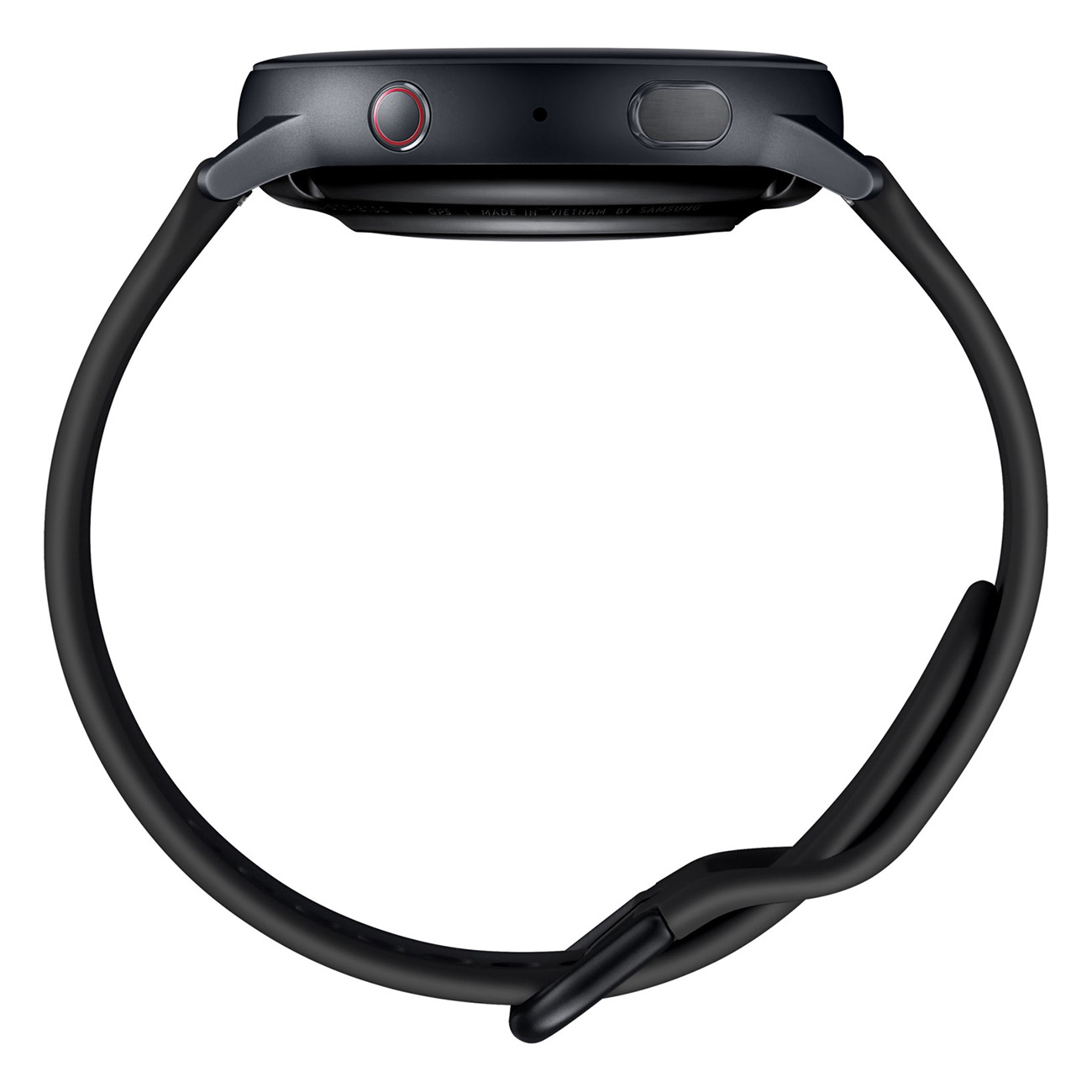 Schwarze Smartwatch mit rundem Zifferblatt und schwarzem Armband. Seitenansicht.
