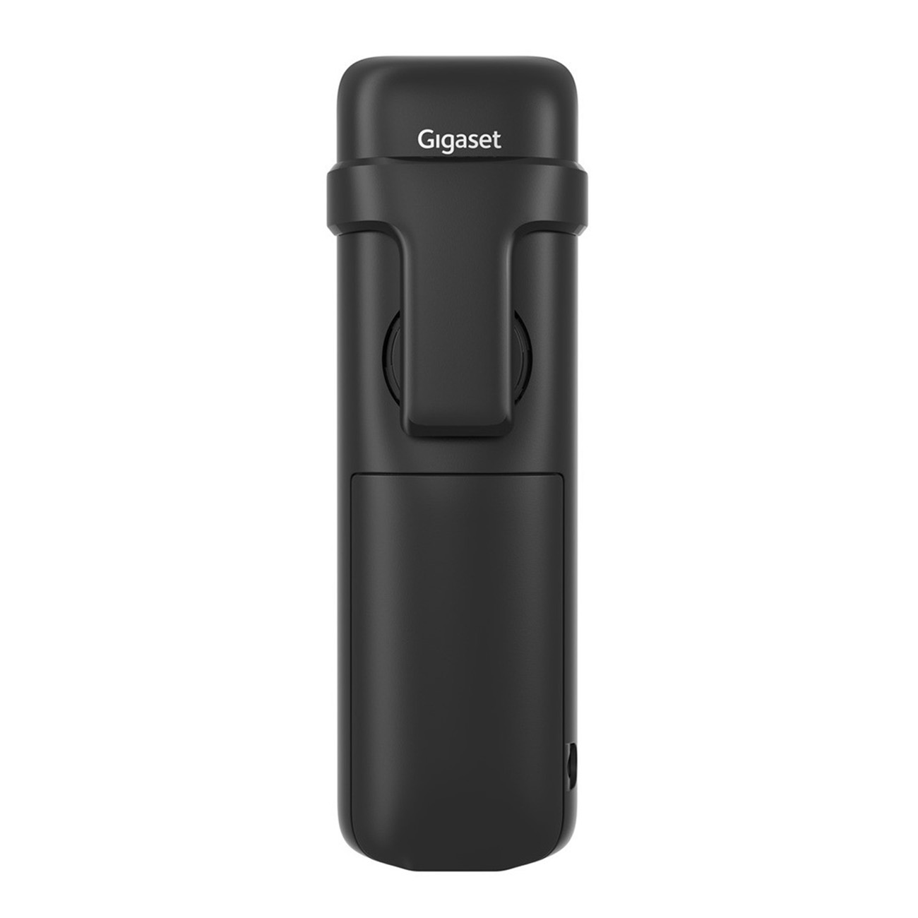 Un telefono Gigaset nero, progettato con una clip e una porta di ricarica, su sfondo bianco.